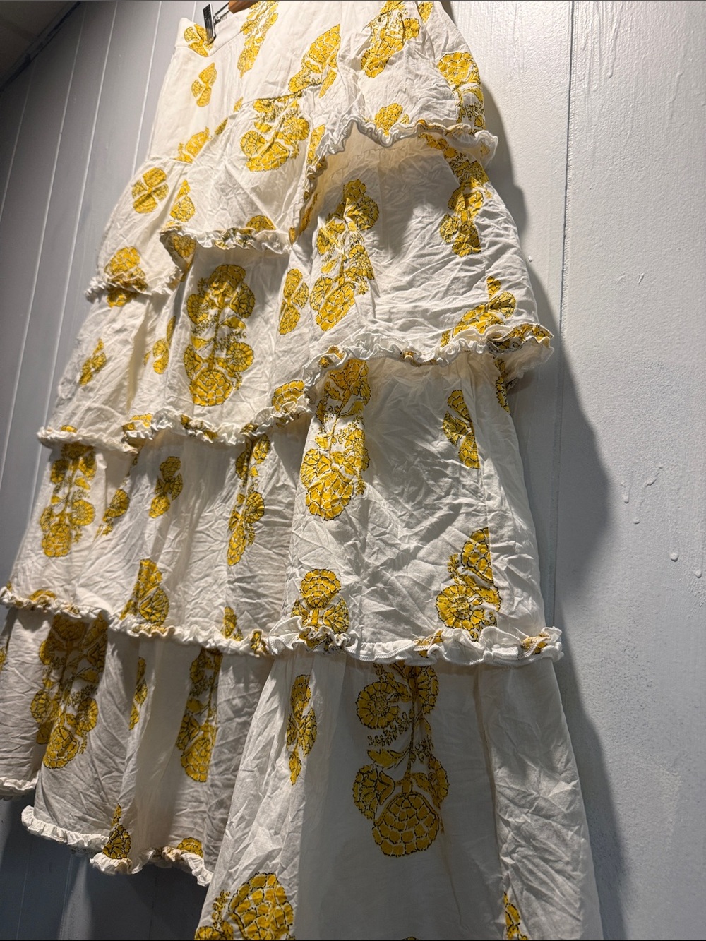 Tiered Maxi Skirt in White with Yellow Floral Print - Picture 2 of 5